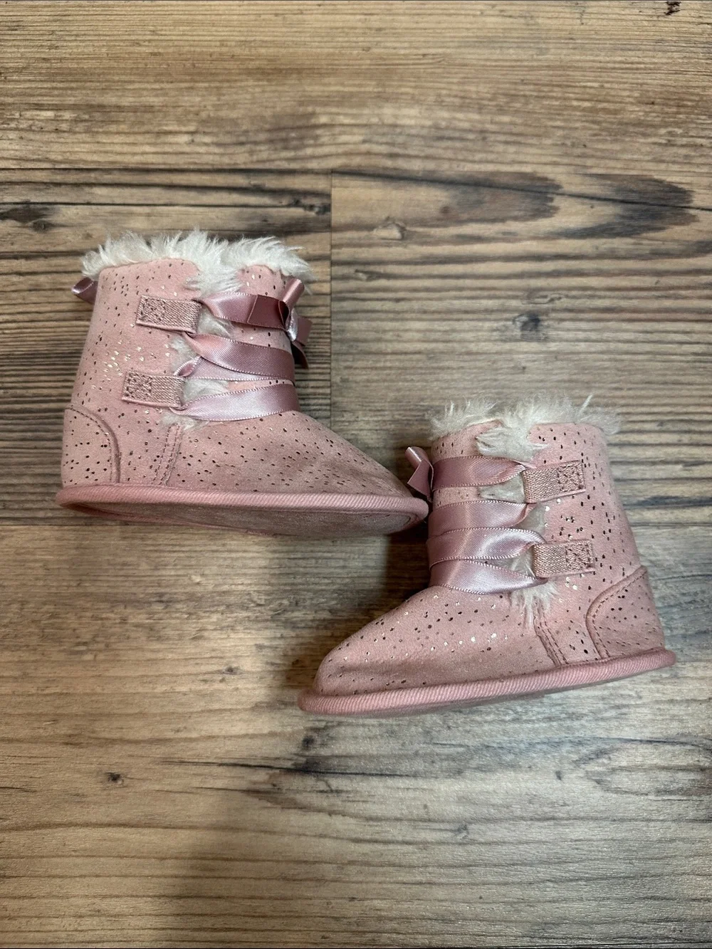 Baby Pink Faux-Fur Lined Booties with Satin Ribbon